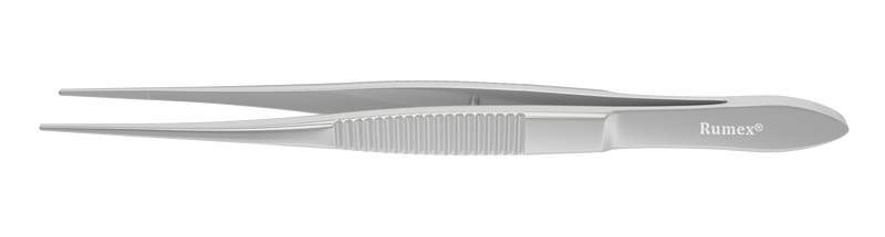 104R 4-071S Dressing Forceps with Delicate Serrations, 12.00 mm Serrated Tips, Straight, Flat Handle, Length 100 mm, Stainless Steel