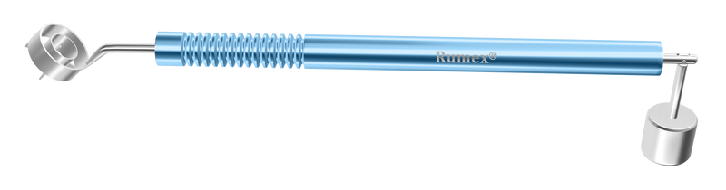 428R 3-195 Velasquez Gravity Corneal Marker for LRI/Toric IOL Implantation, Angled Shaft, 4 Radial Blades for Horizontal and Vertical Axes Marking, 5 mm Diameter Internal Ring, Length 164 mm, Titanium Handle, Stainless Steel Gravity System