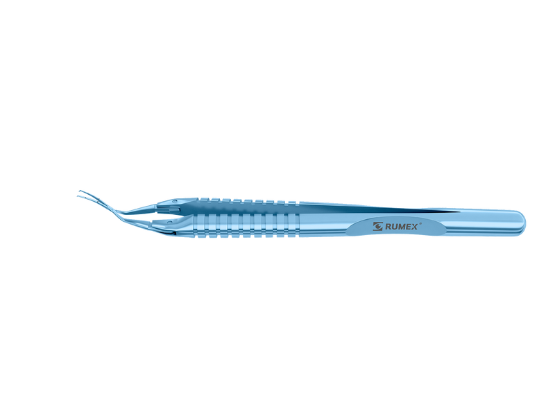 999R 4-0395/LRT Capsulorhexis Forceps with Scale (2.50/5.00 mm), Cross-Action, for 1.50 mm Incisions, Curved Titanium Jaws (8.50 mm), Short Lever (16.00 mm), Long (101 mm) Round Titanium Handle, Length 120 mm