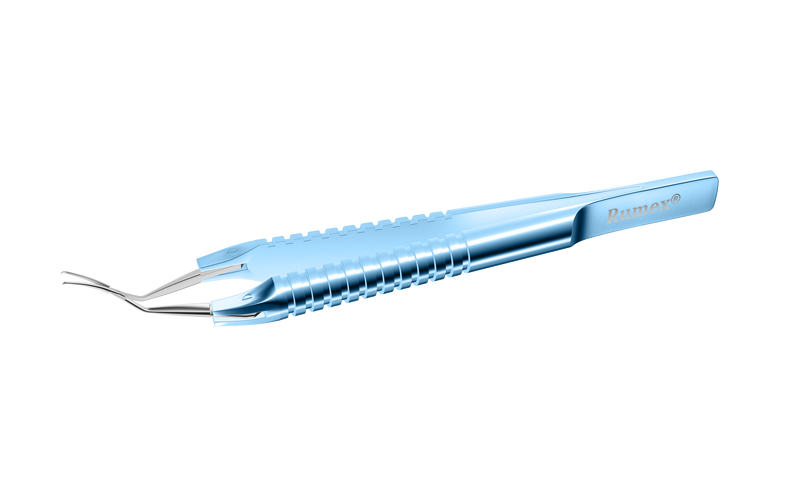 595R 4-0394 Capsulorhexis Forceps with Scale (2.50/5.00 mm), Cross-Action, for 1.50 mm Incisions, Curved Stainless Steel Jaws (8.50 mm), Short Lever (16.00 mm), Medium (91 mm) Round Titanium Handle, Length 110 mm