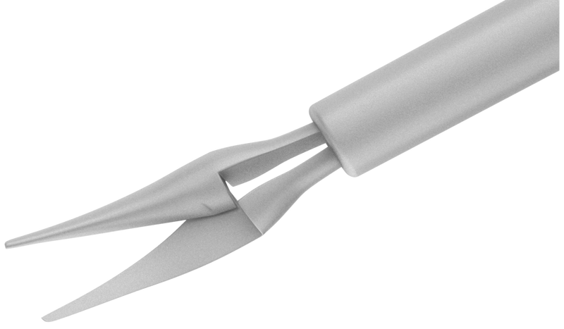 360R 12-209-23H Curved Subretinal Scissors, Attached to a Squeeze Handle, with RUMEX Flushing System, 23 Ga