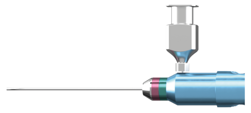 999R 12-209-25H Curved Subretinal Scissors, Attached to a Squeeze Handle, with RUMEX Flushing System, 25 Ga